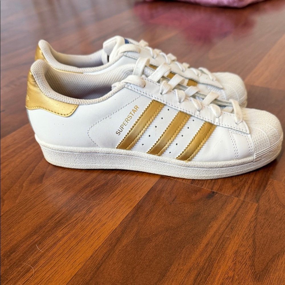 adidas Superstar White and Gold Kids Sneakers